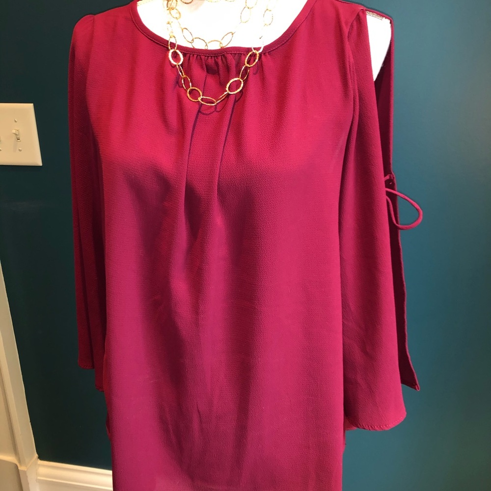 Burgundy open sleeve blouse w/ ties. Size S.  Photos look red but it’s burgundy